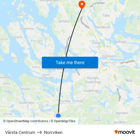 Vårsta Centrum to Norrviken map
