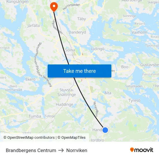 Brandbergens Centrum to Norrviken map