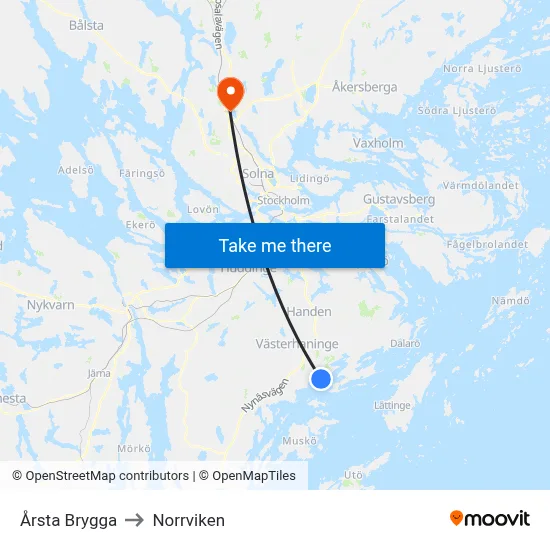 Årsta Brygga to Norrviken map