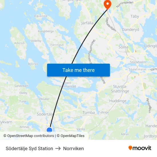 Södertälje Syd Station to Norrviken map