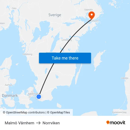 Malmö Värnhem to Norrviken map