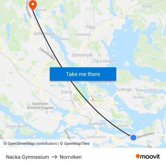 Nacka Gymnasium to Norrviken map