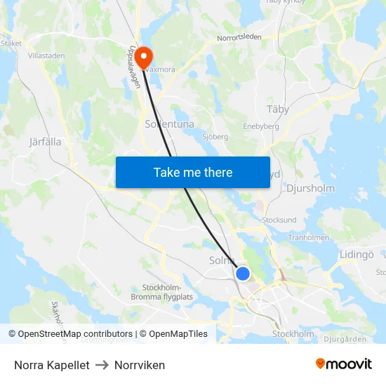 Norra Kapellet to Norrviken map