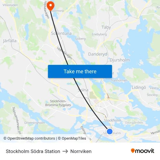 Stockholm Södra Station to Norrviken map