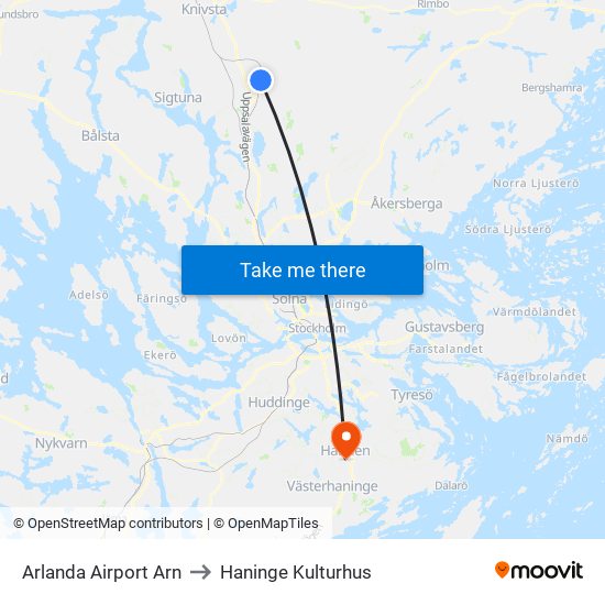 Arlanda Airport Arn to Haninge Kulturhus map