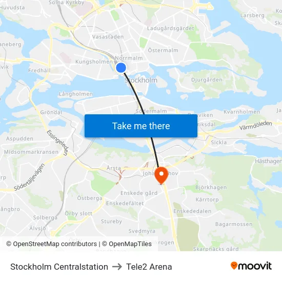 Stockholm Centralstation to Tele2 Arena map