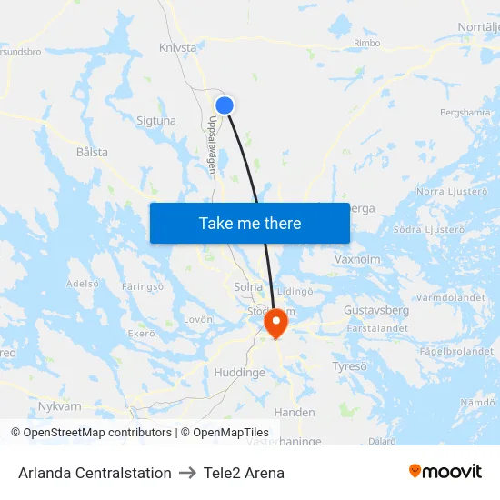 Arlanda Centralstation to Tele2 Arena map