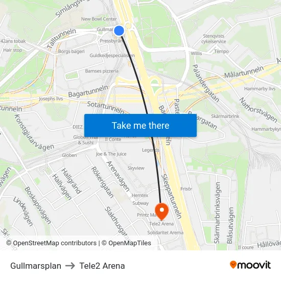 Gullmarsplan to Tele2 Arena map