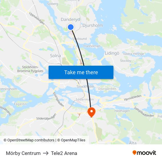 Mörby Centrum to Tele2 Arena map