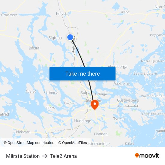 Märsta Station to Tele2 Arena map