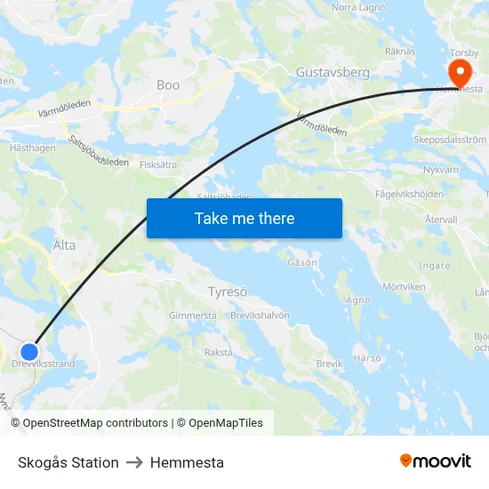 Skogås Station to Hemmesta map