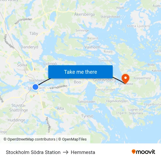 Stockholm Södra Station to Hemmesta map