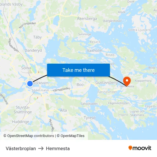 Västerbroplan to Hemmesta map