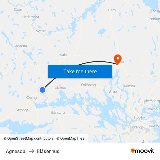 Agnesdal to Blåsenhus map