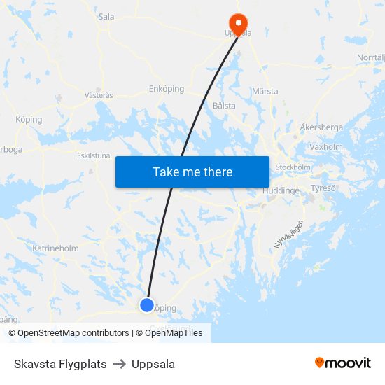 Skavsta Flygplats to Uppsala map