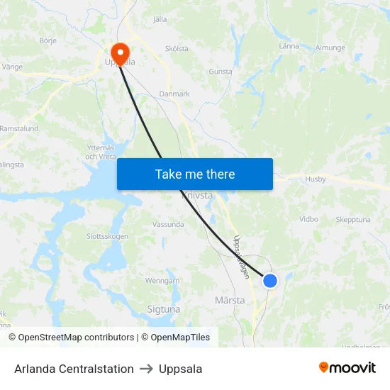 Arlanda Centralstation to Uppsala map