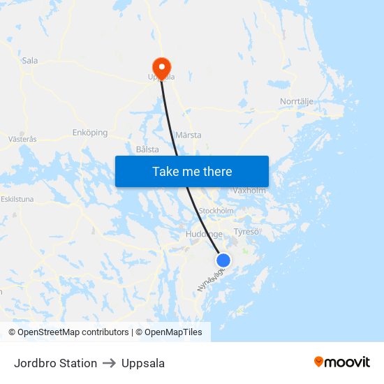 Jordbro Station to Uppsala map