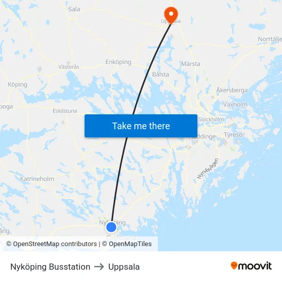 Nyköping Busstation to Uppsala map