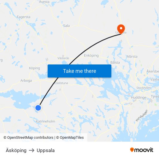 Äsköping to Uppsala map