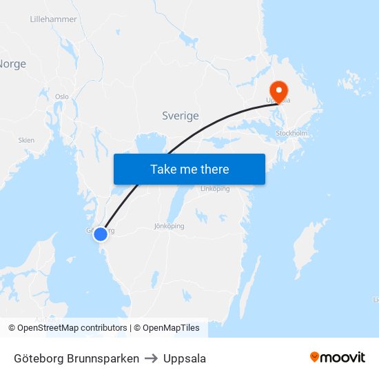 Göteborg Brunnsparken to Uppsala map