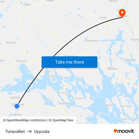 Tunavallen to Uppsala map