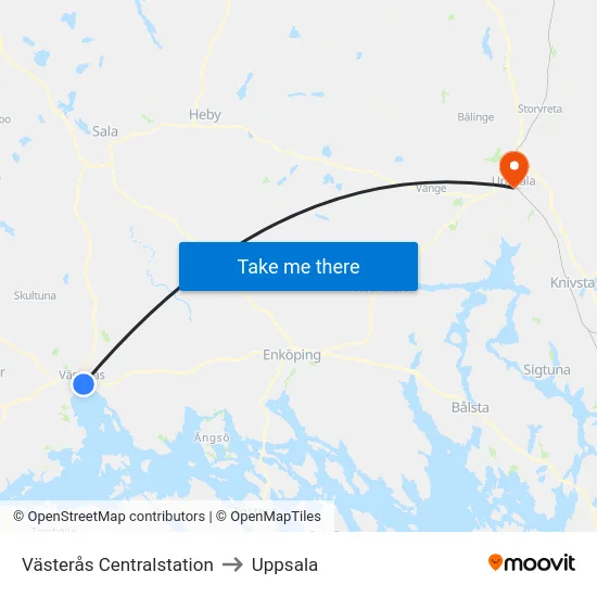 Västerås Centralstation to Uppsala map