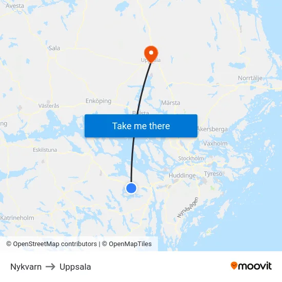 Nykvarn to Uppsala map
