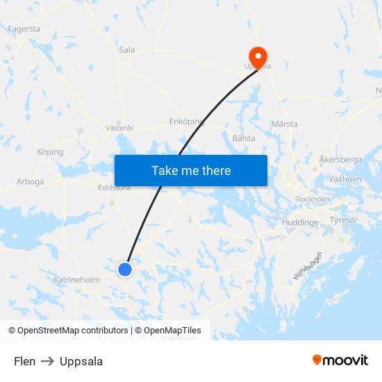 Flen to Uppsala map