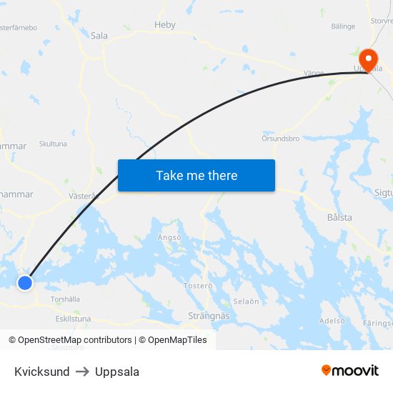 Kvicksund to Uppsala map