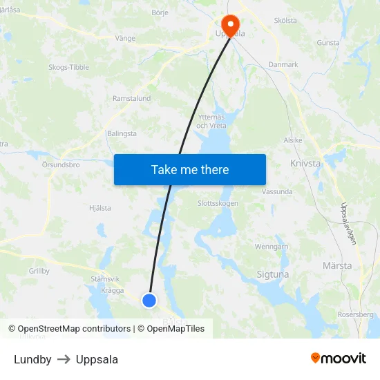 Lundby to Uppsala map