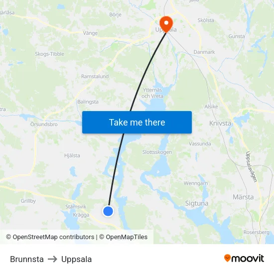 Brunnsta to Uppsala map