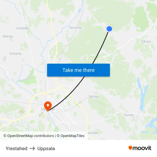 Yrestahed to Uppsala map