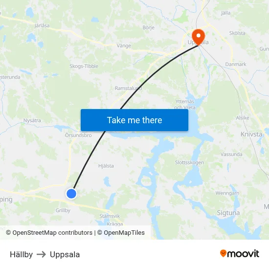 Hällby to Uppsala map