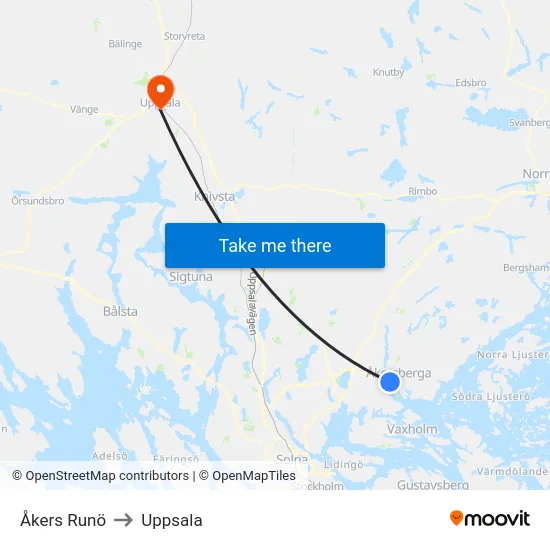 Åkers Runö to Uppsala map