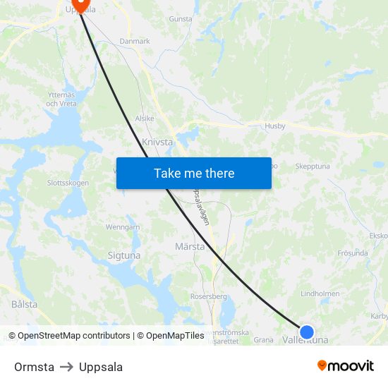 Ormsta to Uppsala map