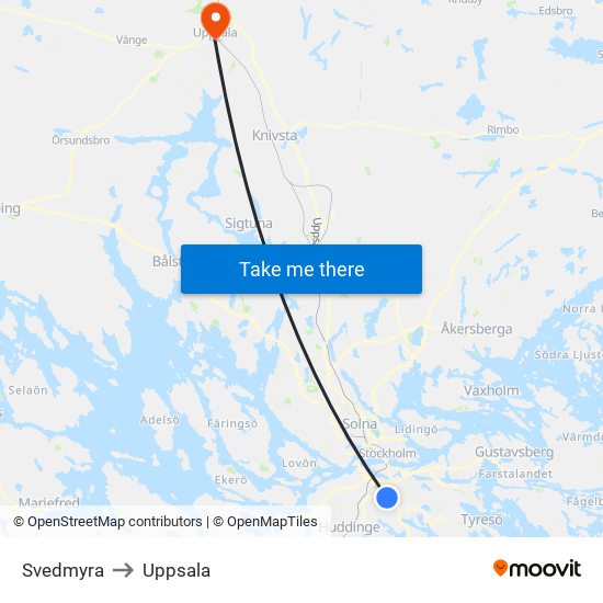 Svedmyra to Uppsala map