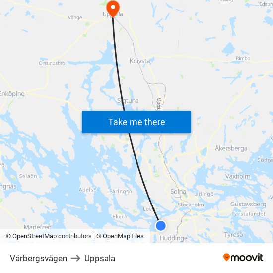 Vårbergsvägen to Uppsala map