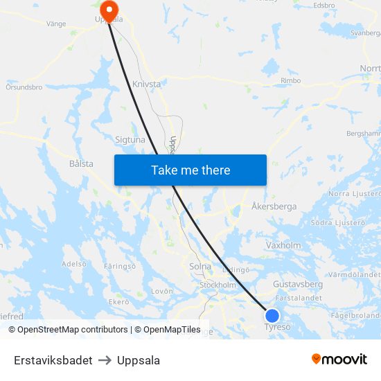 Erstaviksbadet to Uppsala map