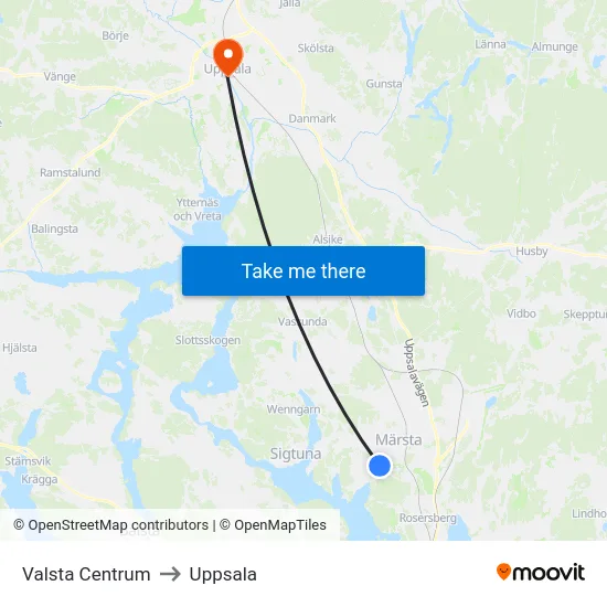 Valsta Centrum to Uppsala map