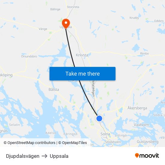 Djupdalsvägen to Uppsala map