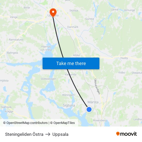 Steningeliden Östra to Uppsala map