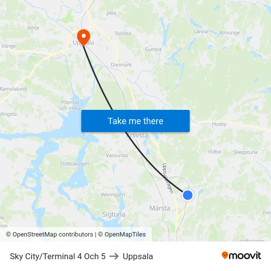 Sky City/Terminal 4 Och 5 to Uppsala map