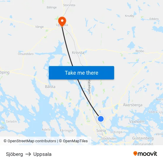 Sjöberg to Uppsala map