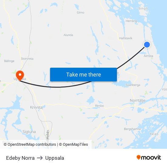 Edeby Norra to Uppsala map