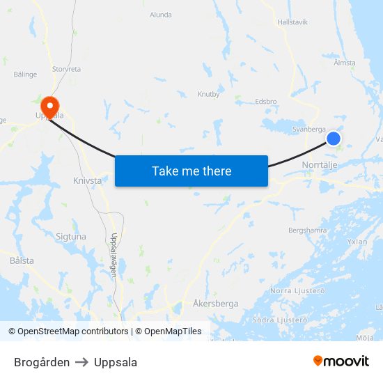 Brogården to Uppsala map