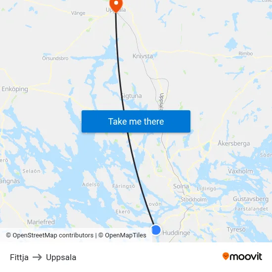 Fittja to Uppsala map