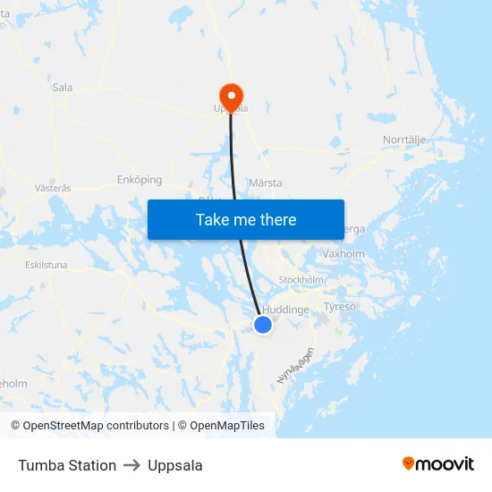 Tumba Station to Uppsala map