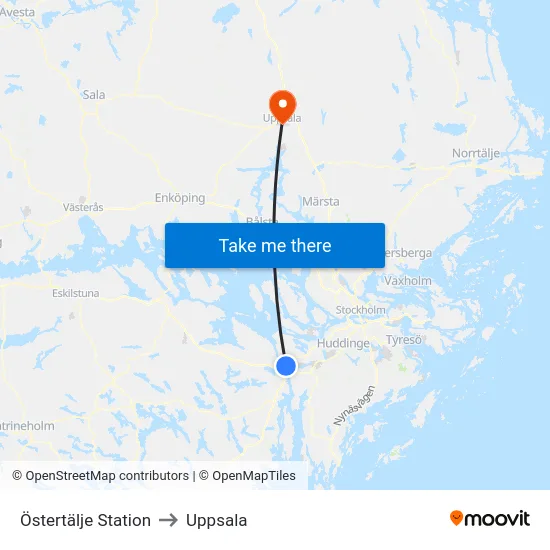 Östertälje Station to Uppsala map
