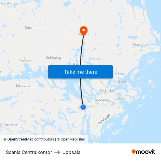 Scania Centralkontor to Uppsala map