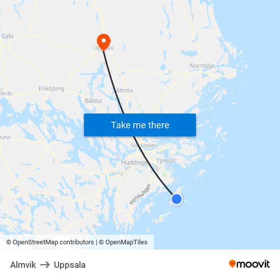 Almvik to Uppsala map